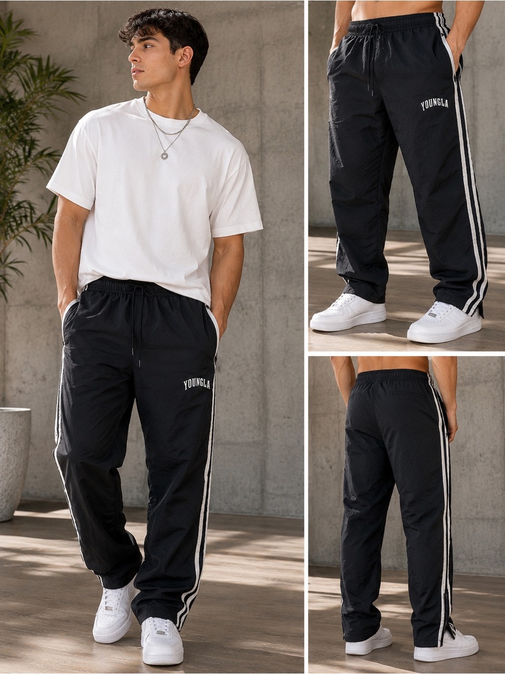 YoungLA Black Joggers with White Side Stripes